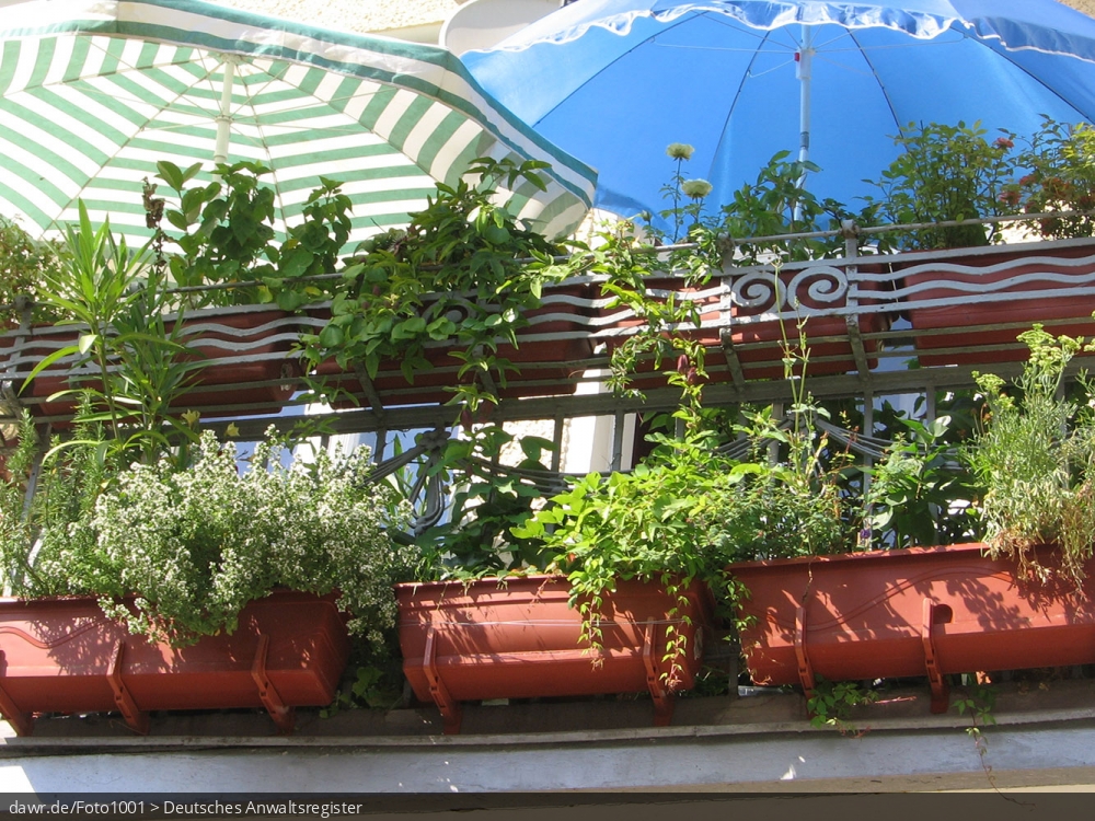 Dieses Foto zeigt einen Balkon. An der Balkonbrüstung hängen viele Blumen. Auf dem Balkon stehen zwei Sonnenschirme.