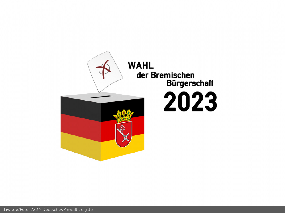 Diese Grafik zeigt die Zeichnung einer Wahlurne, welche in den deutschen Nationalfarben schwarz-rot-gold gefärbt und mit dem Wappen von Bremen dekoriert wurde. Über der Box schwebt ein angedeuteter Wahlzettel, welcher mit einem symbolisch angekreuzten Feld, wie es auf Wahlscheinen benutzt wird, ergänzt wurde. Daneben steht der Schriftzug „Wahl zur Bremischen Bürgerschaft 2023“. Eine solche Grafik eignet sich gut als symbolische Darstellung für die Bürgerschaftswahl im Frühjahr 2023.