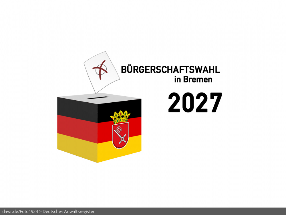 Diese Grafik zeigt die Zeichnung einer Wahlurne, welche in den deutschen Nationalfarben schwarz-rot-gold gefärbt und mit dem Wappen von Bremen dekoriert wurde. Über der Box schwebt ein angedeuteter Wahlzettel, welcher mit einem symbolisch angekreuzten Feld, wie es auf Wahlscheinen benutzt wird, ergänzt wurde. Daneben steht der Schriftzug „Bürgerschaftswahl in Bremen 2027“. Eine solche Grafik eignet sich gut als symbolische Darstellung für die Bürgerschaftswahl im Frühjahr 2027.