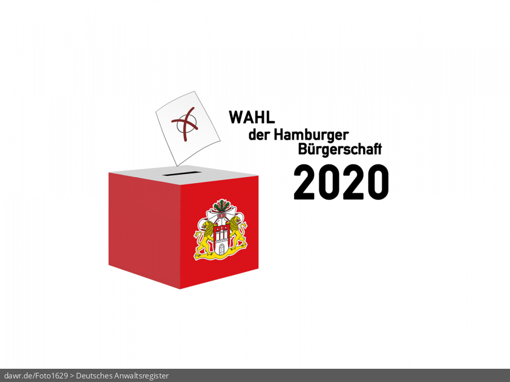 Diese Grafik zeigt die Zeichnung einer Wahlurne, welche in den Landesfarben von Hamburg gefärbt und mit dem passenden Wappen dekoriert wurde. Über der Box schwebt ein angedeuteter Wahlzettel, welcher mit einem symbolisch angekreuzten Feld, wie es auf Wahlscheinen benutzt wird, ergänzt wurde. Daneben steht der Schriftzug „Wahl zur Hamburger Bürgerschaft 2020“. Eine solche Grafik eignet sich gut als symbolische Darstellung für die Bürgerschaftswahl im Winter 2020.