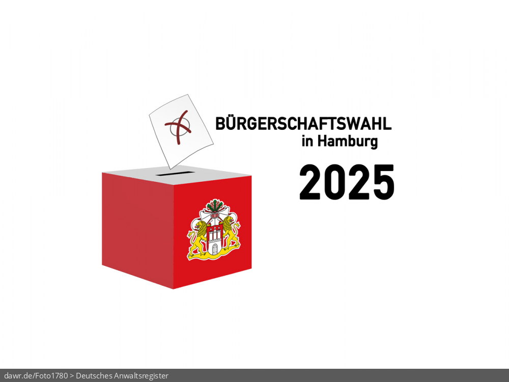 Diese Grafik zeigt die Zeichnung einer Wahlurne, welche in den Landesfarben von Hamburg gefärbt und mit dem passenden Wappen dekoriert wurde. Über der Box schwebt ein angedeuteter Wahlzettel, welcher mit einem symbolisch angekreuzten Feld, wie es auf Wahlscheinen benutzt wird, ergänzt wurde. Daneben steht der Schriftzug „Bürgerschaftswahl in Hamburg 2025“. Eine solche Grafik eignet sich gut als symbolische Darstellung für die Bürgerschaftswahl im Winter 2025. Diese Grafik zeigt die Zeichnung einer Wahlurne, welche in den Landesfarben von Hamburg gefärbt und mit dem passenden Wappen dekoriert wurde. Über der Box schwebt ein angedeuteter Wahlzettel, welcher mit einem symbolisch angekreuzten Feld, wie es auf Wahlscheinen benutzt wird, ergänzt wurde. Daneben steht der Schriftzug „Bürgerschaftswahl in Hamburg 2025“. Eine solche Grafik eignet sich gut als symbolische Darstellung für die Bürgerschaftswahl im Winter 2025.