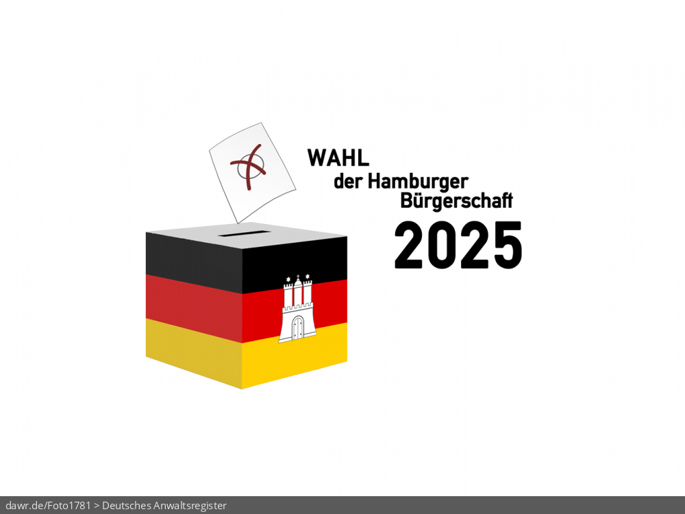 Diese Grafik zeigt die Zeichnung einer Wahlurne, welche in den deutschen Nationalfarben schwarz-rot-gold gefärbt und mit dem Wappen von Hamburg dekoriert wurde. Über der Box schwebt ein angedeuteter Wahlzettel, welcher mit einem symbolisch angekreuzten Feld, wie es auf Wahlscheinen benutzt wird, ergänzt wurde. Daneben steht der Schriftzug „Wahl zur Hamburger Bürgerschaft 2025“. Eine solche Grafik eignet sich gut als symbolische Darstellung für die Bürgerschaftswahl im Winter 2025.