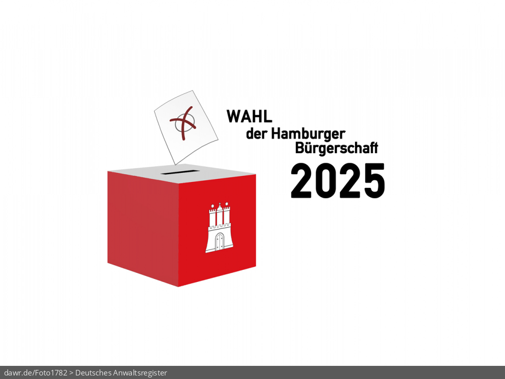 Diese Grafik zeigt die Zeichnung einer Wahlurne, welche in den Landesfarben von Hamburg gefärbt und mit dem passenden Wappen dekoriert wurde. Über der Box schwebt ein angedeuteter Wahlzettel, welcher mit einem symbolisch angekreuzten Feld, wie es auf Wahlscheinen benutzt wird, ergänzt wurde. Daneben steht der Schriftzug „Wahl zur Hamburger Bürgerschaft 2025“. Eine solche Grafik eignet sich gut als symbolische Darstellung für die Bürgerschaftswahl im Winter 2025.