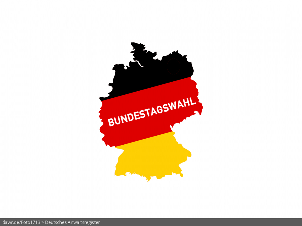 Diese Grafik zeigt eine Grundriss von Deutschland, welcher in den deutschen Nationalfarben schwarz-rot-gold gefärbt wurde. Beschriftet wurde das Bild mit „Bundestagswahl“. Eine solche Grafik eignet sich gut als symbolische Darstellung für eine Bundestagswahl.