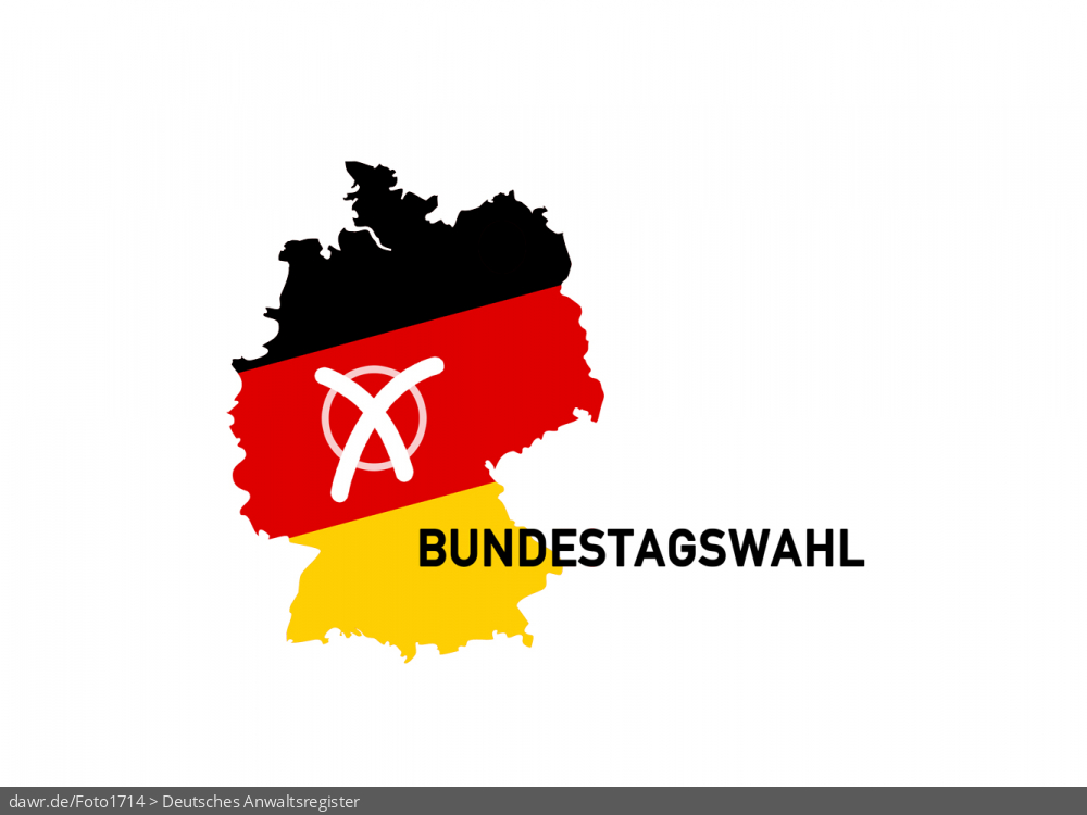 Diese Grafik zeigt eine Grundriss von Deutschland, welcher in den deutschen Nationalfarben schwarz-rot-gold gefärbt wurde. Ergänzt wurde die Landkarte mit einem symbolisch angekreuzten Feld, wie es auf Wahlscheinen benutzt wird. Daneben steht der Schriftzug „Bundestagswahl“. Eine solche Grafik eignet sich gut als symbolische Darstellung für eine Bundestagswahl.