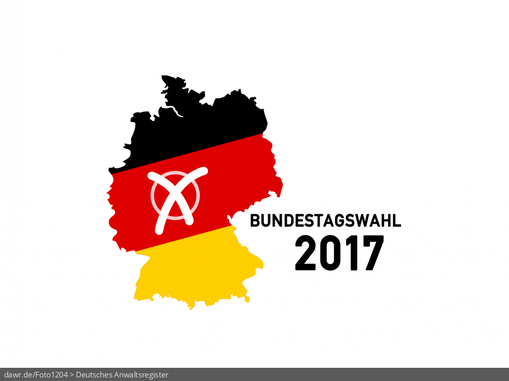 Diese Grafik zeigt eine Grundriss von Deutschland, welcher in den deutschen Nationalfarben schwarz-rot-gold gefärbt wurde. Ergänzt wurde die Landkarte mit einem symbolisch angekreuzten Feld, wie es auf Wahlscheinen benutzt wird. Daneben steht der Schriftzug „Bundestagswahl 2017“. Eine solche Grafik eignet sich gut als symbolische Darstellung für die Bundestagswahl im September 2017.