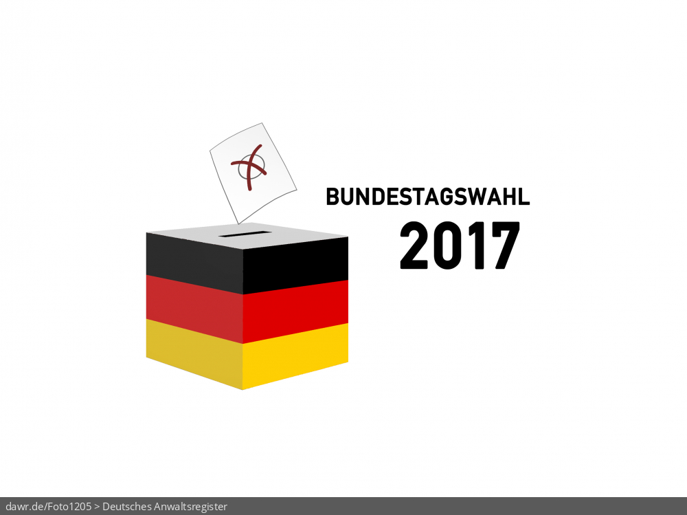 Diese Grafik zeigt die Zeichnung einer Wahlurne, welche in den deutschen Nationalfarben schwarz-rot-gold gefärbt wurde. Über der Box schwebt ein angedeuteter Wahlzettel, welcher mit einem symbolisch angekreuzten Feld, wie es auf Wahlscheinen benutzt wird, ergänzt wurde. Daneben steht der Schriftzug „Bundestagswahl 2017“. Eine solche Grafik eignet sich gut als symbolische Darstellung für die Bundestagswahl im September 2017.