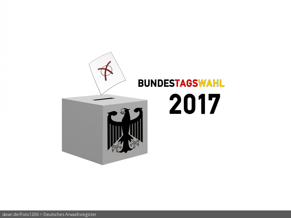 Diese Grafik zeigt die Zeichnung einer Wahlurne, welche mit einem Bundesadler ergänzt wurde. Über der Box schwebt ein angedeuteter Wahlzettel, welcher mit einem symbolisch angekreuzten Feld, wie es auf Wahlscheinen benutzt wird, ergänzt wurde. Daneben steht der Schriftzug „Bundestagswahl 2017“. Eine solche Grafik eignet sich gut als symbolische Darstellung für die Bundestagswahl im September 2017.