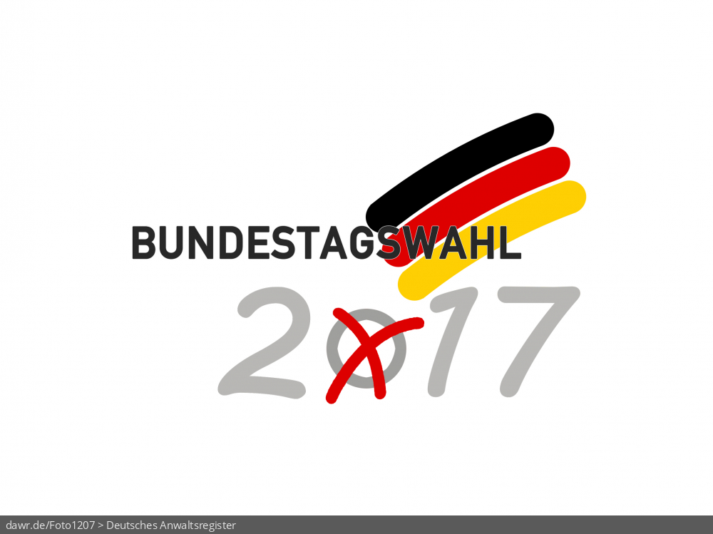 Diese Grafik zeigt einen Schriftzug „Bundestagswahl 2017“, welcher mit einem symbolisch angekreuzten Feld, wie es auf Wahlscheinen benutzt wird, und einer Deutschlandfahne ergänzt wurde. Eine solche Grafik eignet sich gut als symbolische Darstellung für die Bundestagswahl im September 2017.