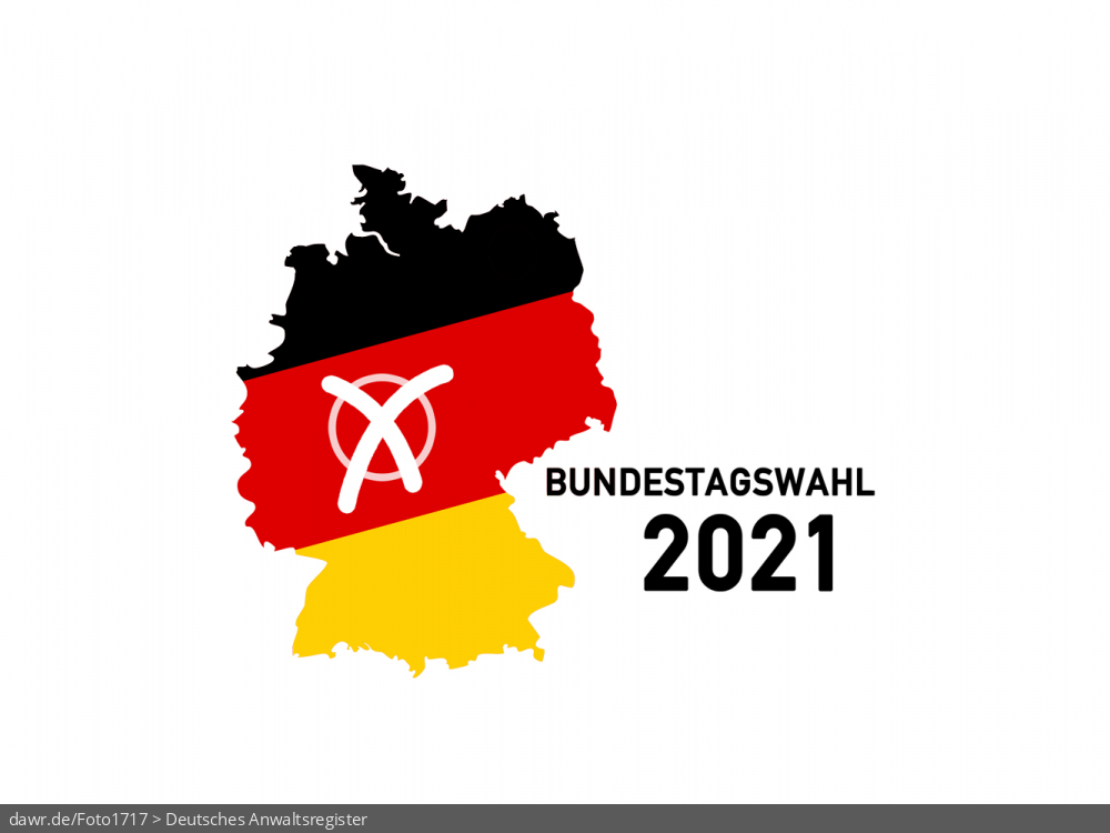 Diese Grafik zeigt eine Grundriss von Deutschland, welcher in den deutschen Nationalfarben schwarz-rot-gold gefärbt wurde. Ergänzt wurde die Landkarte mit einem symbolisch angekreuzten Feld, wie es auf Wahlscheinen benutzt wird. Daneben steht der Schriftzug „Bundestagswahl 2021“. Eine solche Grafik eignet sich gut als symbolische Darstellung für die Bundestagswahl im September 2021.