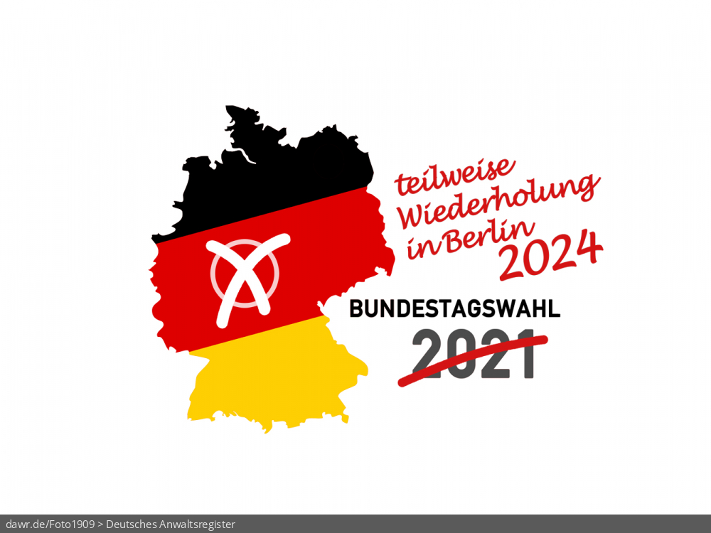 Diese Grafik zeigt eine Grundriss von Deutschland, welcher in den deutschen Nationalfarben schwarz-rot-gold gefärbt wurde. Ergänzt wurde die Landkarte mit einem symbolisch angekreuzten Feld, wie es auf Wahlscheinen benutzt wird. Daneben steht der Schriftzug „Bundestagswahl 2021“, ergänzt um die Bemerkung „teilweise Wiederholung in Berlin 2023“. Eine solche Grafik eignet sich gut als symbolische Darstellung für die Bundestagswahl aus dem September 2021, welche im Februar 2024 teilweise in Berlin wiederholt werden muss.