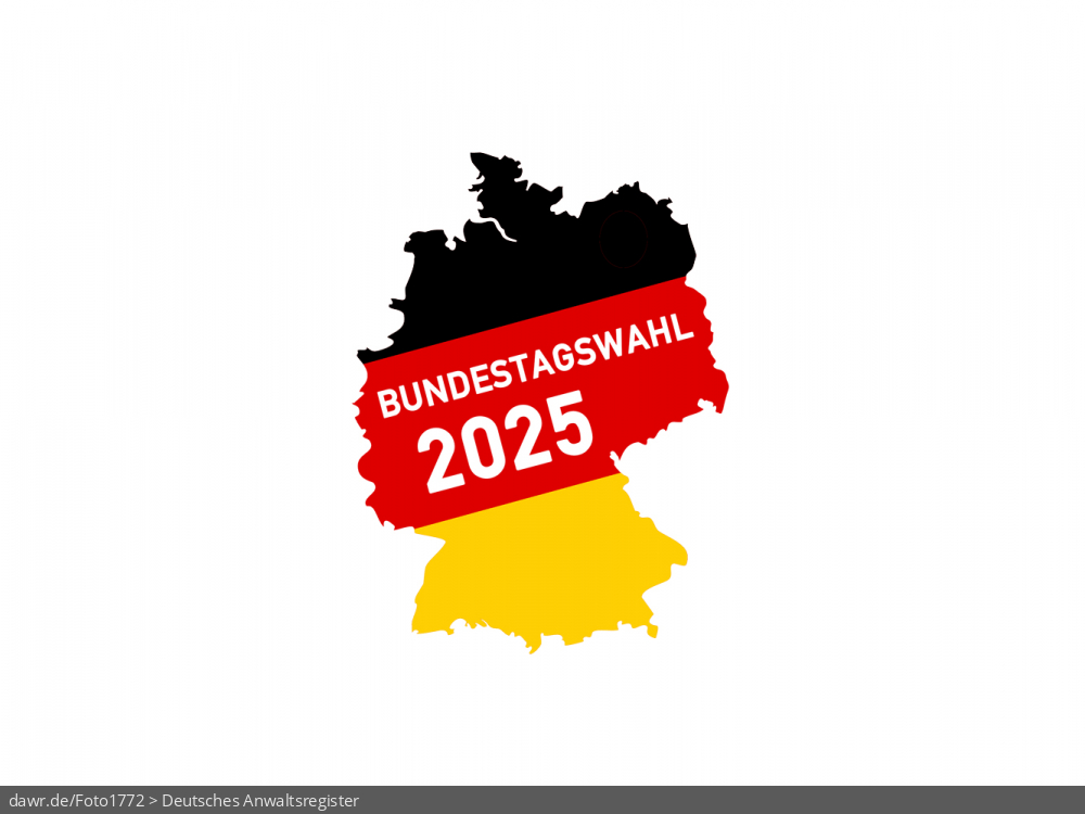 Diese Grafik zeigt eine Grundriss von Deutschland, welcher in den deutschen Nationalfarben schwarz-rot-gold gefärbt wurde. Beschriftet wurde das Bild mit „Bundestagswahl 2025“. Eine solche Grafik eignet sich gut als symbolische Darstellung für die Bundestagswahl im September 2025.