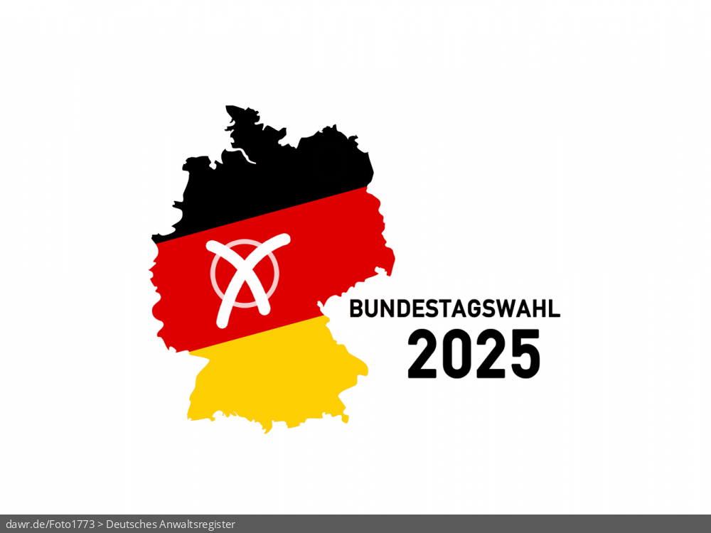 Diese Grafik zeigt eine Grundriss von Deutschland, welcher in den deutschen Nationalfarben schwarz-rot-gold gefärbt wurde. Ergänzt wurde die Landkarte mit einem symbolisch angekreuzten Feld, wie es auf Wahlscheinen benutzt wird. Daneben steht der Schriftzug &bdquo;Bundestagswahl 2025&ldquo;. Eine solche Grafik eignet sich gut als symbolische Darstellung für die Bundestagswahl im Herbst 2025.