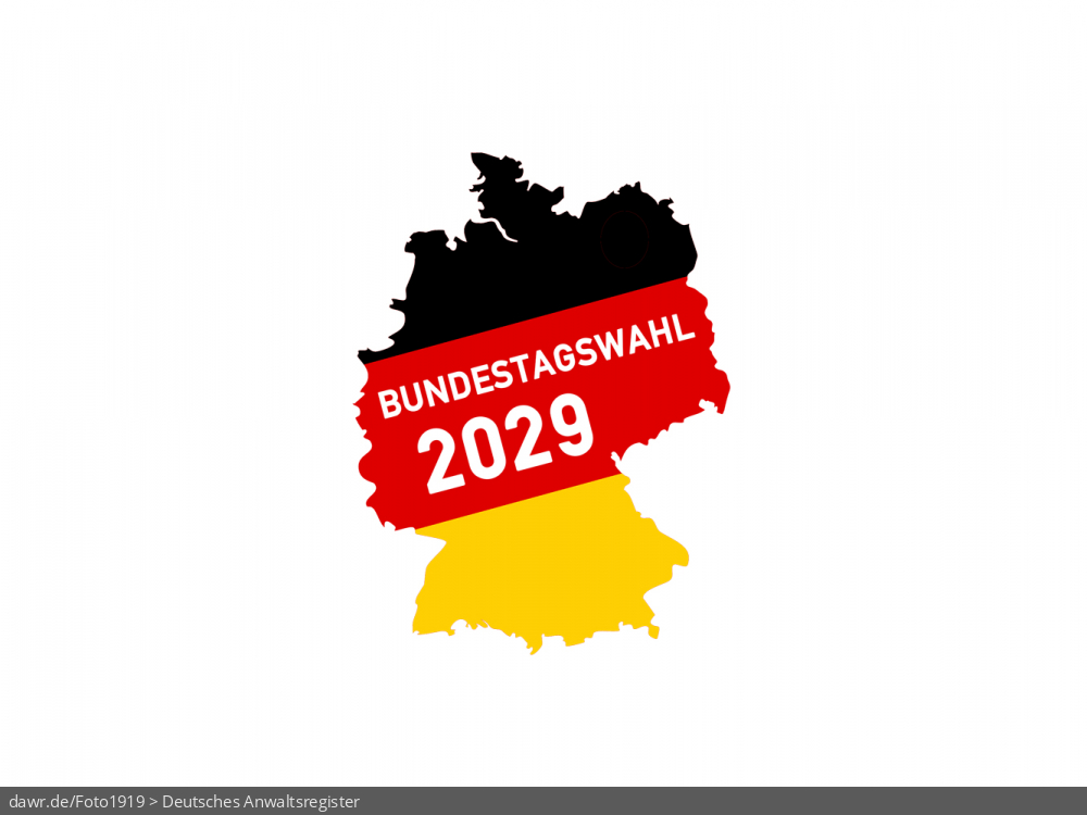 Diese Grafik zeigt eine Grundriss von Deutschland, welcher in den deutschen Nationalfarben schwarz-rot-gold gefärbt wurde. Beschriftet wurde das Bild mit „Bundestagswahl 2029“. Eine solche Grafik eignet sich gut als symbolische Darstellung für die Bundestagswahl im Frühjahr 2029. Diese Grafik zeigt eine Grundriss von Deutschland, welcher in den deutschen Nationalfarben schwarz-rot-gold gefärbt wurde. Beschriftet wurde das Bild mit „Bundestagswahl 2029“. Eine solche Grafik eignet sich gut als symbolische Darstellung für die Bundestagswahl im Frühjahr 2029.
