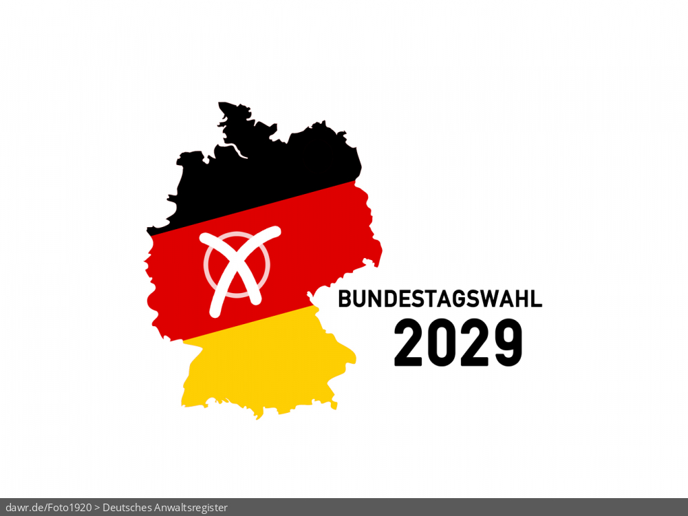Diese Grafik zeigt eine Grundriss von Deutschland, welcher in den deutschen Nationalfarben schwarz-rot-gold gefärbt wurde. Ergänzt wurde die Landkarte mit einem symbolisch angekreuzten Feld, wie es auf Wahlscheinen benutzt wird. Daneben steht der Schriftzug „Bundestagswahl 2029“. Eine solche Grafik eignet sich gut als symbolische Darstellung für die Bundestagswahl im Frühjahr 2029. Diese Grafik zeigt eine Grundriss von Deutschland, welcher in den deutschen Nationalfarben schwarz-rot-gold gefärbt wurde. Ergänzt wurde die Landkarte mit einem symbolisch angekreuzten Feld, wie es auf Wahlscheinen benutzt wird. Daneben steht der Schriftzug „Bundestagswahl 2029“. Eine solche Grafik eignet sich gut als symbolische Darstellung für die Bundestagswahl im Frühjahr 2029.