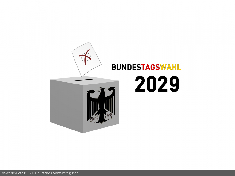 Diese Grafik zeigt die Zeichnung einer Wahlurne, welche mit einem Bundesadler ergänzt wurde. Über der Box schwebt ein angedeuteter Wahlzettel, welcher mit einem symbolisch angekreuzten Feld, wie es auf Wahlscheinen benutzt wird, ergänzt wurde. Daneben steht der Schriftzug &bdquo;Bundestagswahl 2029&ldquo;. Eine solche Grafik eignet sich gut als symbolische Darstellung für die Bundestagswahl im Frühjahr 2029.