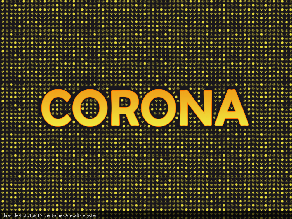 Diese Grafik zeigt eine schwarze Fläche auf der viele kleine Symbole (Viren und Biogefährdung) zu sehen sind. In der Mitte ist deutlich der Schriftzug „Corona“ zusehen. Diese symbolische Darstellung eignet sich gut für alle Themen im Zusammenhang mit der Corona-Pandemie.
