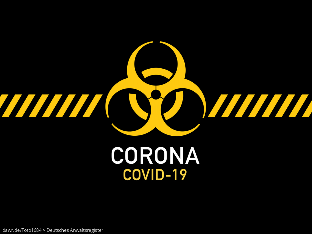 Diese Grafik zeigt eine schwarze Fläche auf der groß das international Zeichen für Biogefährdung zu sehen ist. Darunter sind die Schriftzüge „Corona“ und „COVID-19“ zu lesen. Diese symbolische Darstellung eignet sich gut für alle Themen im Zusammenhang mit der Corona-Pandemie.
