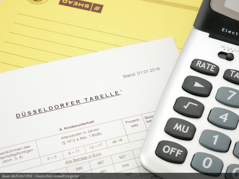 Dieses Foto zeigt einen Schreibtisch auf dem ein Ausdruck der Düsseldorfer Tabelle 2018 liegt. Unter dem Ausdruck liegt ein Hängerhefter. Zusätzlich ist ein Tischrechner zu sehen. Dieses Bild eignet sich gut als symbolische Darstellung für das Thema Kindesunterhalt zu dessen Berechnung die Düsseldorfer Tabelle herangezogen wird, auch wenn Sie kein Gesetzeskraft hat.