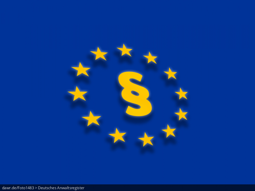 Dieses Bild zeigt auf azurblauem Grund die zwölf goldenen Sterne, wie sie auch in der Europaflagge zu finden sind. Mittig ist ein Paragraphenzeichen zu sehen. Diese Grafik eignet sich gut als symbolische Darstellung für alle Thema rund um die europäische Gesetzgebung.