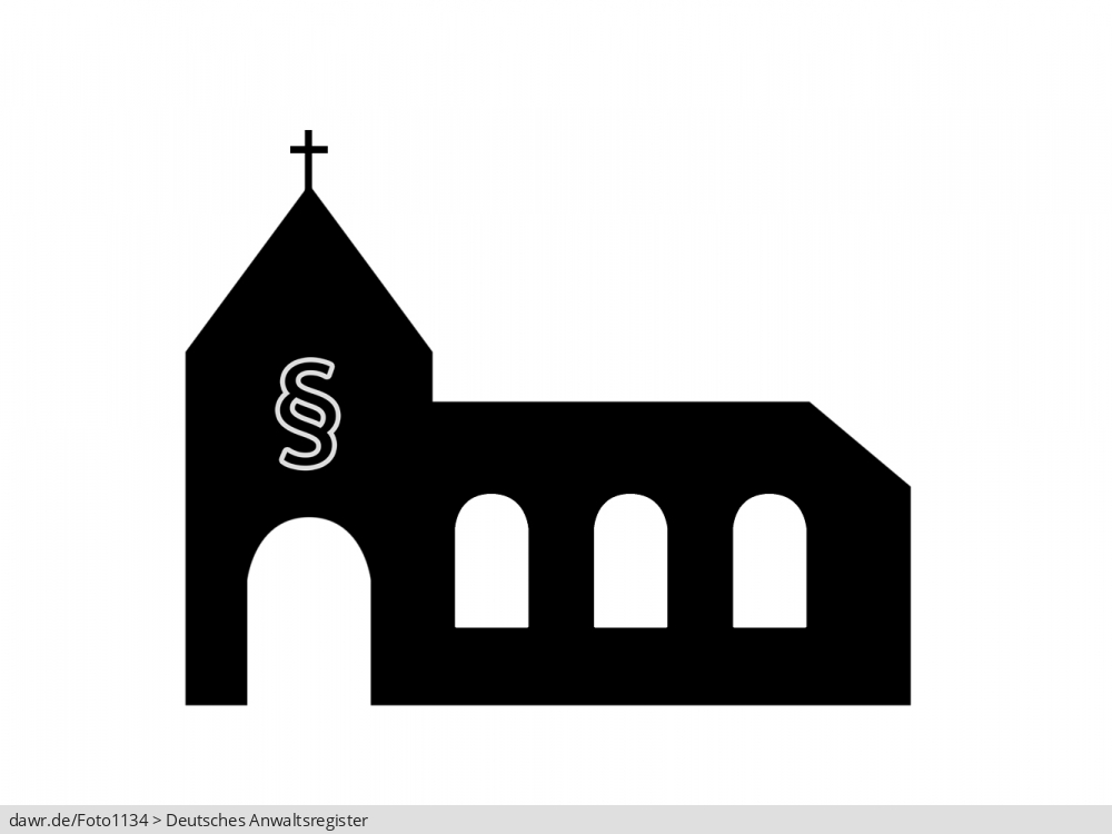Diese Grafik zeigt die Zeichnung einer Kirche, auf der ein Paragrafenzeichen zu sehen ist. Dieses Bild eignet sich gut als symbolische Darstellung für alle rechtlichen Themen rund um die christliche Kirche.
