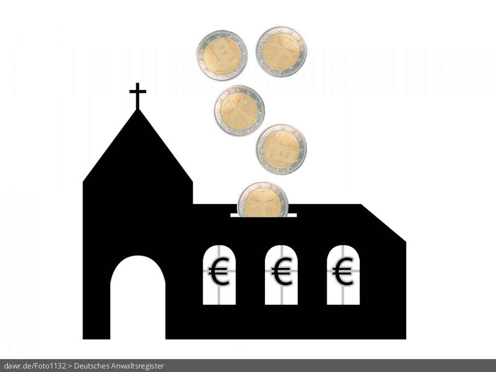 Diese Grafik zeigt die Zeichnung einer Kirche, in deren Dach Münzen fallen, wie in eine Spardose. Die Münzen sind an die Zwei-Euro-Münze angelehnt und zeigen entweder die Zeichnung einer Kirche oder die eines Kreuzes. Dieses Bild eignet sich gut als symbolische Darstellung für alle Themen rund um die Kirchensteuer.