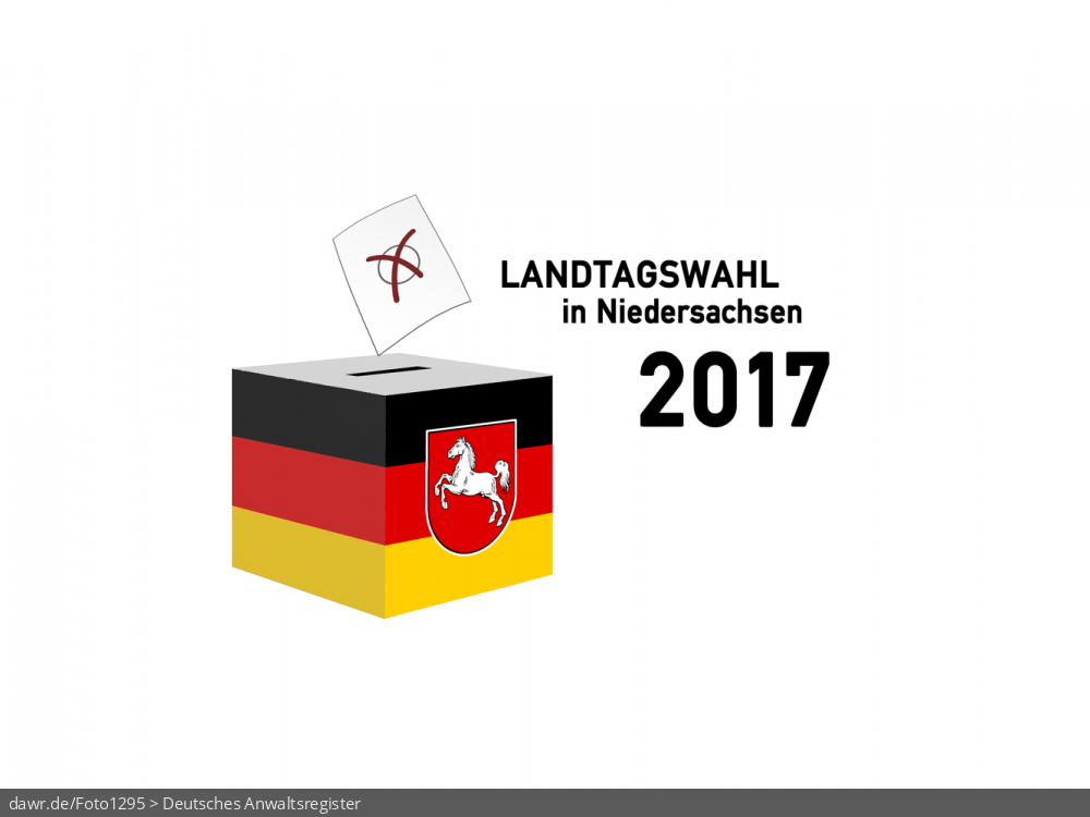 Diese Grafik zeigt die Zeichnung einer Wahlurne, welche in den deutschen Nationalfarben schwarz-rot-gold gefärbt und mit dem Wappen von Niedersachsen dekoriert wurde. Über der Box schwebt ein angedeuteter Wahlzettel, welcher mit einem symbolisch angekreuzten Feld, wie es auf Wahlscheinen benutzt wird, ergänzt wurde. Daneben steht der Schriftzug „Landtagswahl in Niedersachsen 2017“. Eine solche Grafik eignet sich gut als symbolische Darstellung für die Landtagswahl im Oktober 2017.