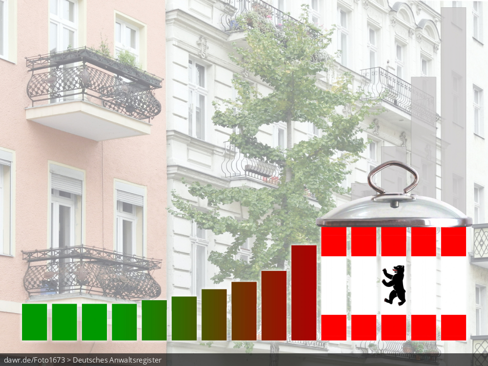 Dieses Foto zeigt mehrere Altbau-Mehrfamilienhäuser, vor denen ein Säulendiagramm zu sehen ist, welches symbolisch die Funktionsweise eines Mietendeckels zeigen soll. Die Säulen zeigen dabei teilweise die Berliner Fahne. Diese symbolische Darstellung eignet sich gut für das Thema Mietendeckel, womit die gesetzliche Begrenzung der Wohnungsmieten in Ballungsräumen gemeint ist. Speziell bezieht sich diese Bild auf den geplanten Mietendeckel in Berlin, welcher vorsieht die Nettokaltmiete (inklusive aller Zuschläge, z.B. für Möbelierung) für fünf Jahre praktisch konstant zu halten.