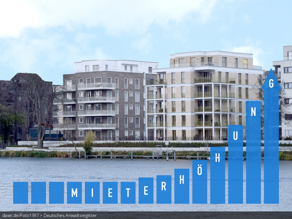 Dieses Foto zeigt mehrere Neubaublöcke auf einer Baustelle, vor dem ein Balkendiagramm zu sehen ist, welches mit den Begriff „Mieterhöhung“ beschriftet ist. Diese symbolische Darstellung eignet sich gut für alle Themen rund um die hohen Mietkosten für Wohnungen in Deutschland.
