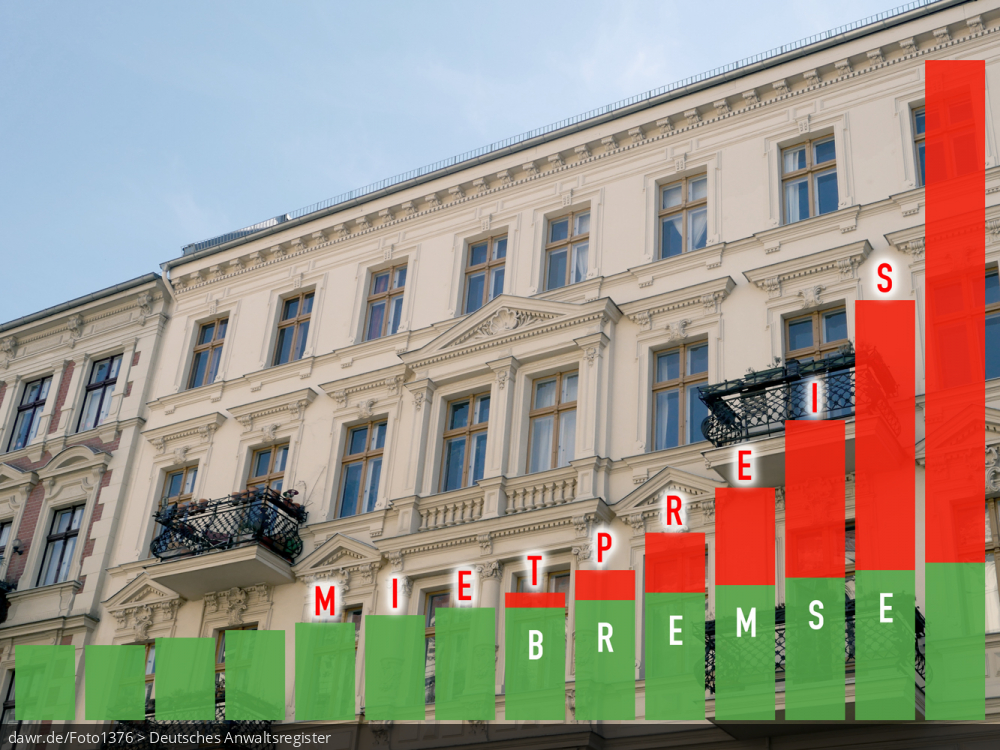 Dieses Foto zeigt ein Altbau-Mehrfamilienhaus, vor dem ein Balkendiagramm zu sehen ist, welches mit den Begriffen „Mietpreis“ und „Bremse“ beschriftet ist. Diese symbolische Darstellung eignet sich gut für alle Themen rund um die Mietpreisbremse und hohe Mietkosten für Wohnungen in Deutschland.