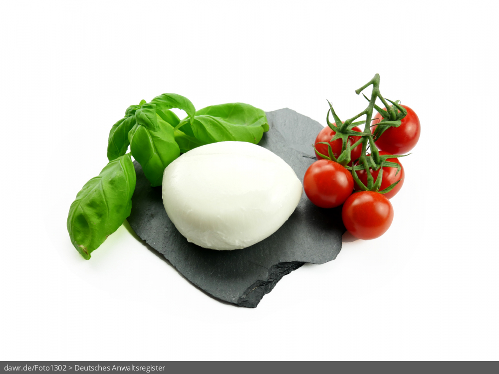 Das Foto zeigt einen Mozarella, der auf einer Schieferplatte liegt.
Als Garnierung wurde Basilikum und Cocktailtomaten verwendet.