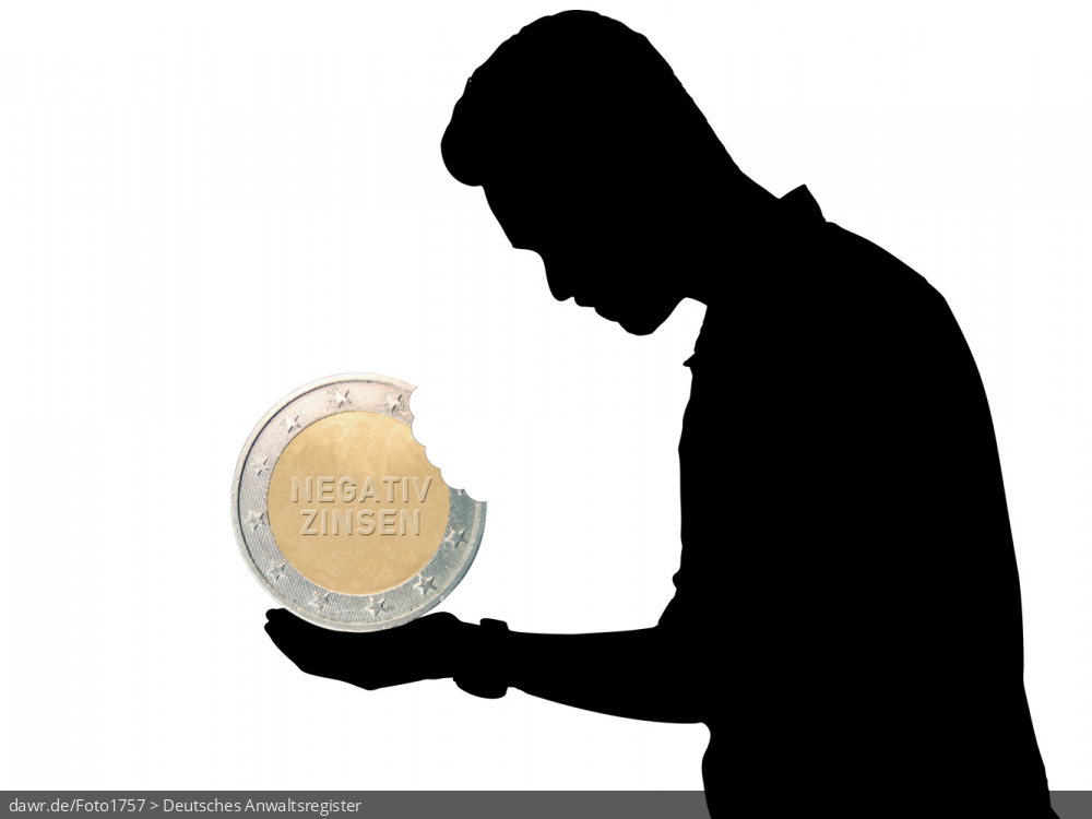 Diese Grafik zeigt die Silhouette eine Mannes der auf eine angebissene Münze in seiner Hand schaut. Die Münze ist mit „Negativzinsen“ beschriftet. Diese symbolische Darstellung eignet sich gut für das Thema negative Zinsen auf Guthaben bei der Bank.