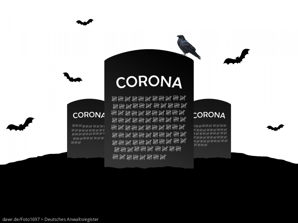 Diese Grafik zeigt die Zeichnung eines Friedhofs mit mehreren Grabsteinen über denen Fledermäuse flattern. Die Grabsteine sind mit „Corona“ beschriftet und zeigen viele Kreidestriche als Anspielung auf die vielen Toten der Crona-Pandemie. Auf einem Grabstein sitzt ein Rabe. Diese symbolische Darstellung eignet sich gut für alle Themen im Zusammenhang mit der Corona-Pandemie, vorallem bez. der Schutzmaßnahmen und Einschränkungen zum Schutz der gefährdeten Personen.