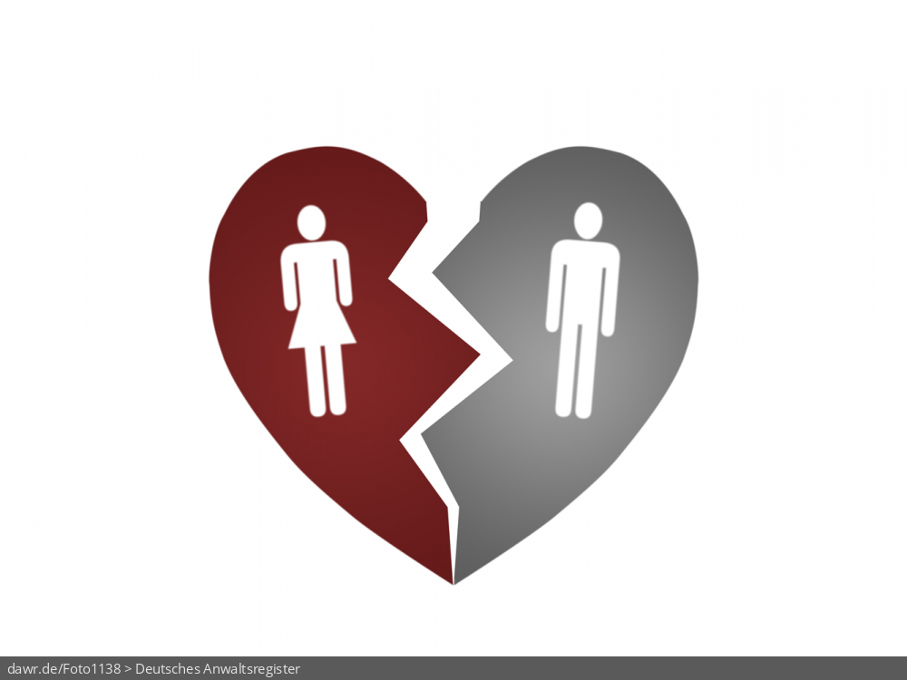 Diese Grafik zeigt Herz, welches in der Mitte zerbrochen wurde. Auf jeder Hälfte ist symbolisch entweder ein Mann oder eine Frau abgebildet. Dieses Bild eignet sich gut als symbolische Darstellung für alle Themen rund um die Ehescheidung.