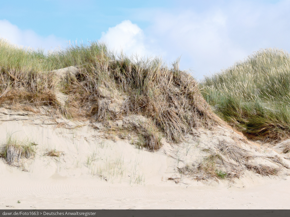 Dieses Bild zeigt eine Düne an einem Strand auf einer Nordseeinsel. Es eignet sich gut als symbolische Darstellung für Themen rund um das Thema Urlaub an der See.