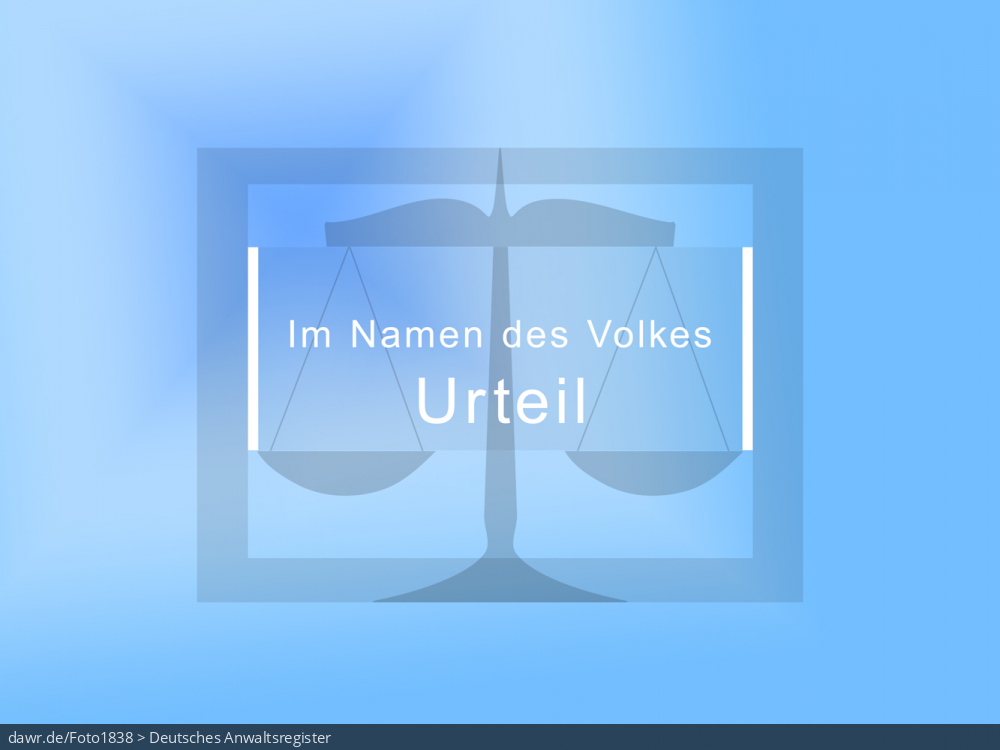 Diese Grafik zeigt die Schriftzüge &bdquo;Im Namen des Volkes%ldquo; und &bdquo;Urteil%ldquo;, ergänzt um eine analoge Waage. Diese Darstellung eignet sich allgemein gut für rechtliche Themen.