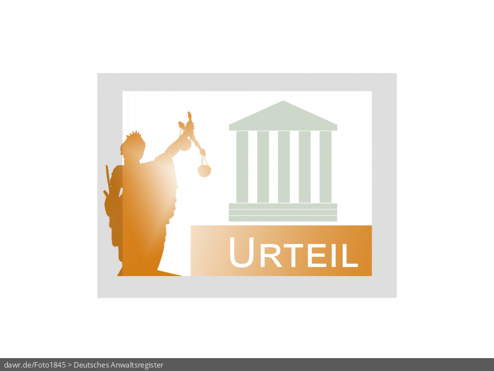Diese Grafik zeigt eine Justitia, ein stilisiertes Gerichtsgebäude und den Schriftzug „Urteil%ldquo;. Diese Darstellung eignet sich allgemein gut für rechtliche Themen.