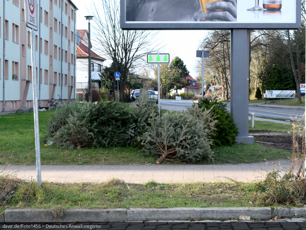 Dieses Foto zeigt einen Haufen von ausgedienten Weihnachtsbäumen kurz nach dem Fest an einem zentralen Sammelplatz, markiert durch ein spezielles Verkehrsschild. Einige Gemeinden richten solche Sammelplätze ein, wo die Tannenbäume nach dem Weihnachtsfest abzulegen sind, um eingesammelt und entsorgt bzw. verwertet zu werden. Andere Gemeinden sammeln die Bäume direkt am Straßenrand ein. Diese Abbildung eignet sich gut als symbolische Darstellung für die Themen Weihnachten und Weihnachtsschmuck bzw. Recycling und Müllverwertung.
