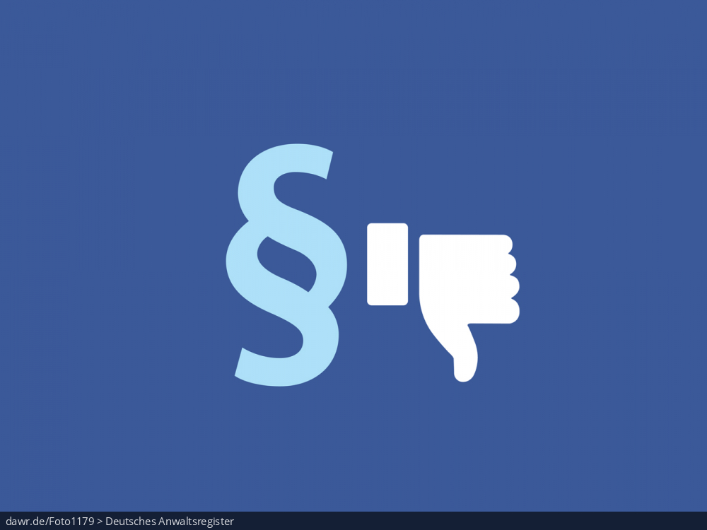 Diese Grafik zeigt ein Paragrafenzeichen und einen stilisierten Daumen in Anspielung auf die datenschutzrechtlich umstrittene LIKE-Funktion des sozialen Netzwerks facebook. Der Daumen nach unten zeigt, eignet sich dieses Bild gut als symbolische Darstellung der Konflikte bez. des Umgangs mit Nutzerdaten durch facebook und dem europäischen (und speziell deutschen) Datenschutzrechts, soweit man der Vorgehensweise von facebook nicht zustimmt.