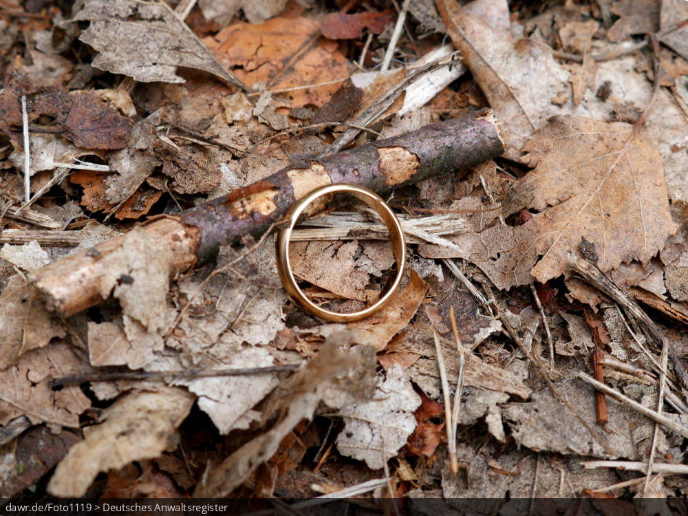 Dieses Foto zeigt ein (Ehe)Ring, der auf einem Waldboden liegt. Wahrscheinlich wurde der Ring bei einem Waldspaziergang verloren. Wer einen solch kostbaren Gegenstand findet, muss diesen Fund melden, um nicht Fundunterschlagung zu begehen.
