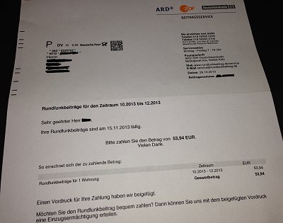 Rechnung von ARD, ZDF und Deutschlandradio Beitragsservice